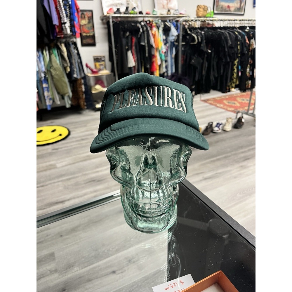 Pleasures Now Green Embroidered Spell Out Trucker Mesh Snapback Hat Cap